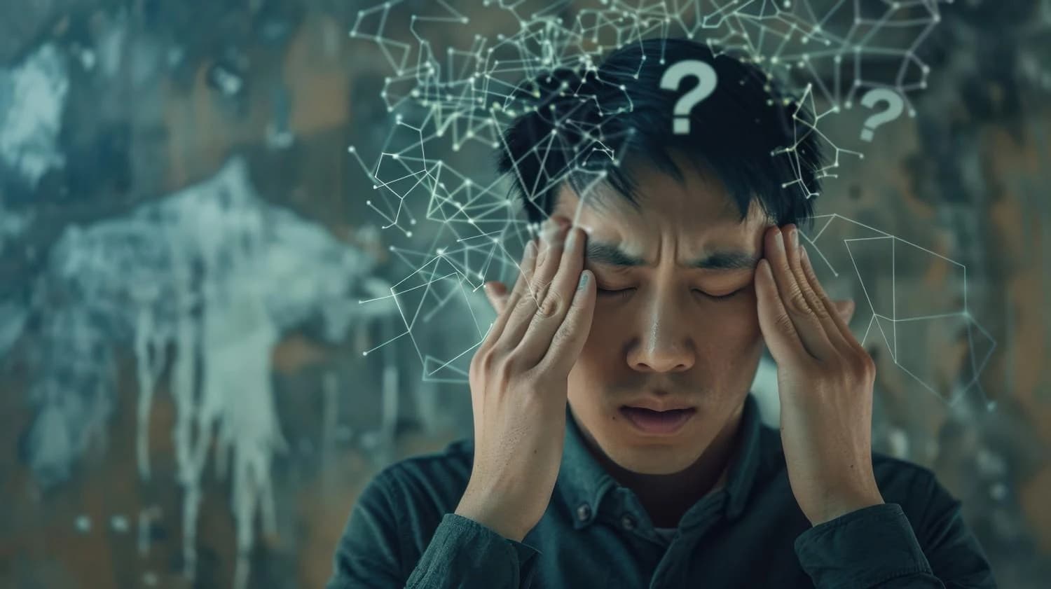 A stressed and confused man pressing his temples with eyes closed, surrounded by abstract digital neural networks and question marks, illustrating what does it mean to be mentally unstable.